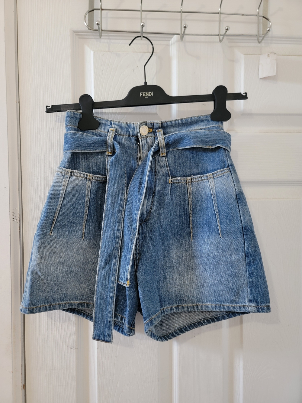 Pinko High-Waist Blue Denim Paperbag Shorts with Self-Tie Belt